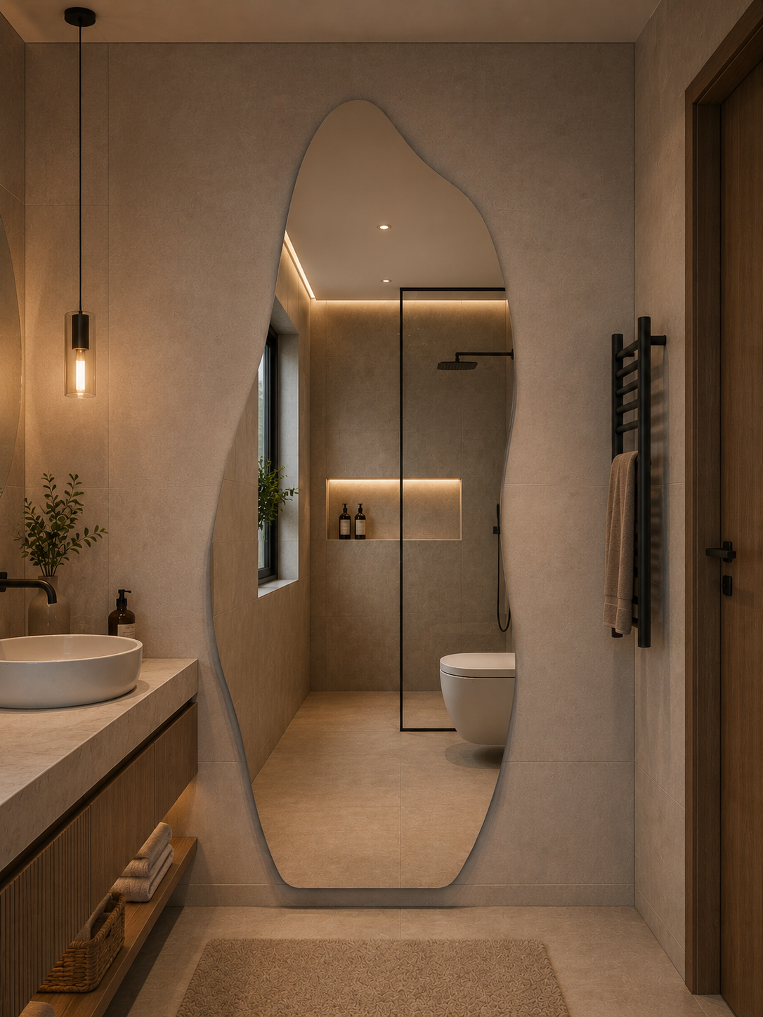 Este é um espelho orgânico, um modelo que se destaca por seu formato irregular e elegante, inspirado nas formas da natureza. Diferente dos espelhos tradicionais, ele traz um visual moderno e sofisticado, tornando-se um verdadeiro elemento de decoração. Sua versatilidade permite compor ambientes como salas, quartos, halls de entrada, lavabos e closets, criando uma sensação de amplitude, luminosidade e requinte.