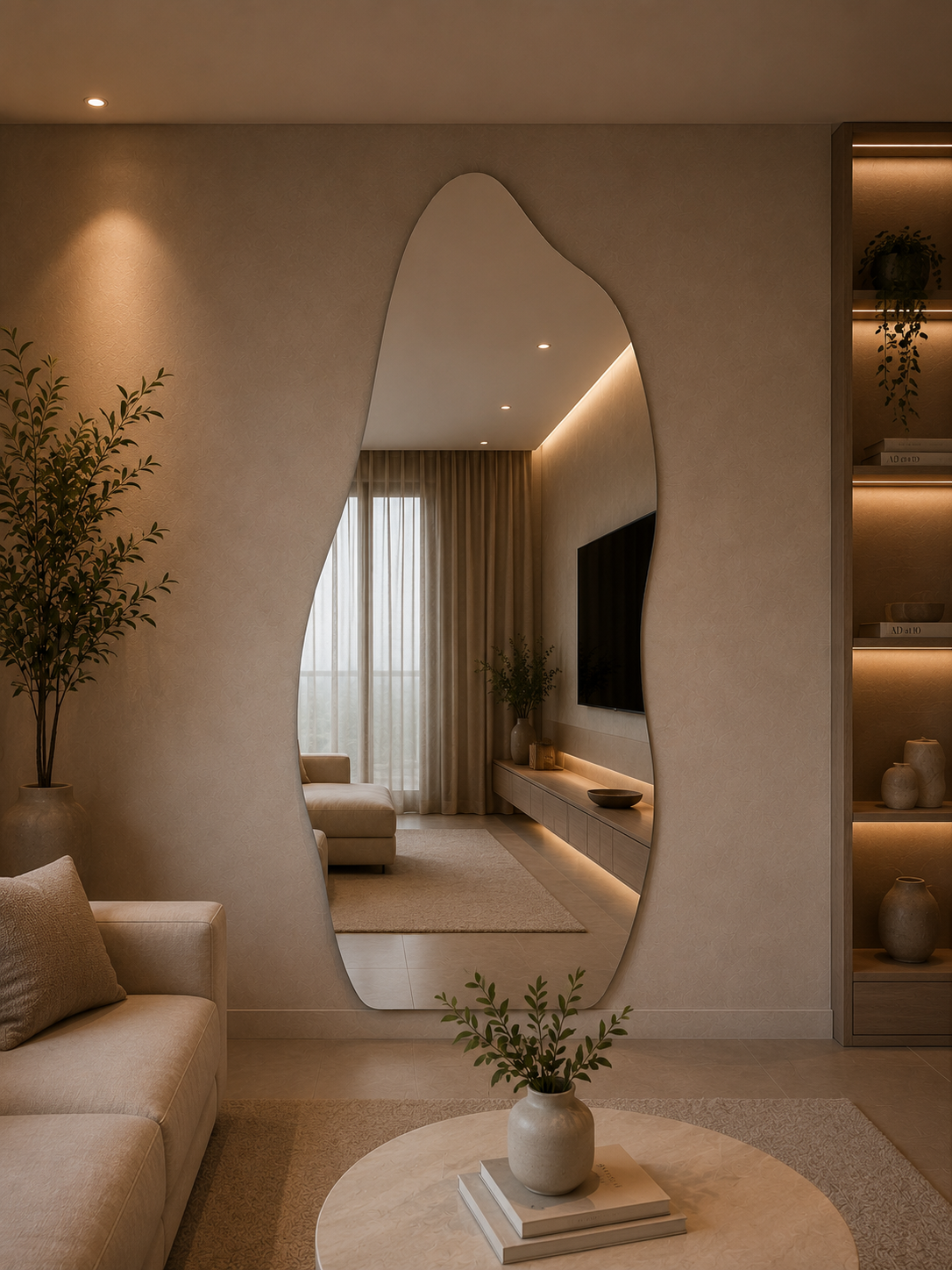 Este é um espelho orgânico, um modelo que se destaca por seu formato irregular e elegante, inspirado nas formas da natureza. Diferente dos espelhos tradicionais, ele traz um visual moderno e sofisticado, tornando-se um verdadeiro elemento de decoração. Sua versatilidade permite compor ambientes como salas, quartos, halls de entrada, lavabos e closets, criando uma sensação de amplitude, luminosidade e requinte.