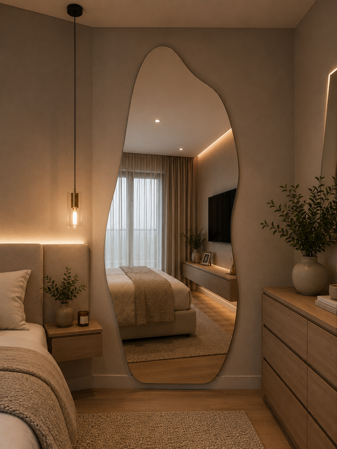 Este é um espelho orgânico, um modelo que se destaca por seu formato irregular e elegante, inspirado nas formas da natureza. Diferente dos espelhos tradicionais, ele traz um visual moderno e sofisticado, tornando-se um verdadeiro elemento de decoração. Sua versatilidade permite compor ambientes como salas, quartos, halls de entrada, lavabos e closets, criando uma sensação de amplitude, luminosidade e requinte.